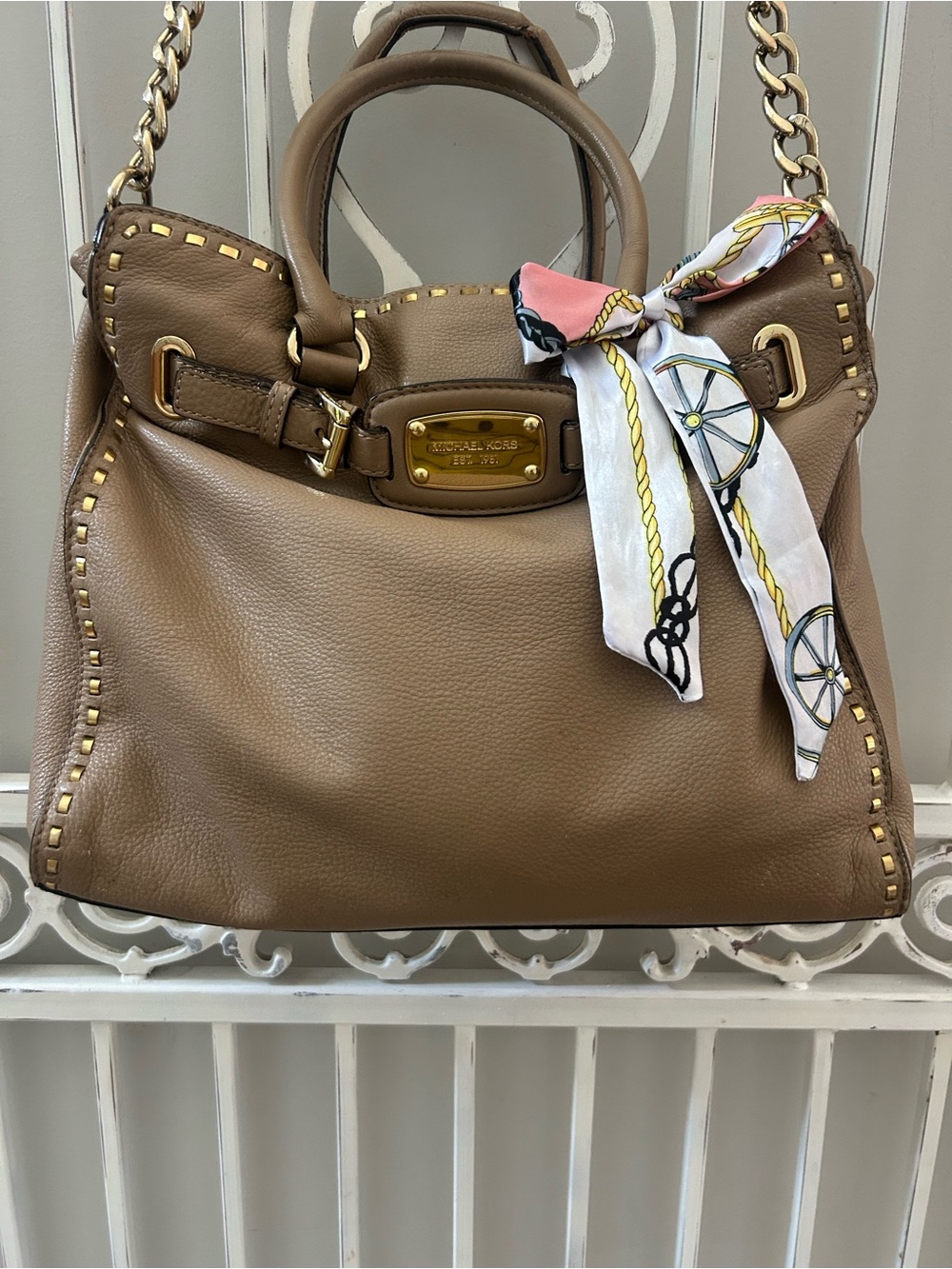 Michael Kors Hamilton Studded Pebbled Leather Satchel Chain Shoulder Bag Taupe